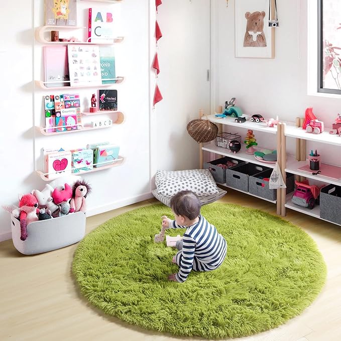 ONASAR Grass Green Round Area Rug 4ft, Soft Bedroom Circle Rugs Floor Mat for Kids Girls Teen Room, Cute Fluffy Plush Shaggy Carpet for Baby Nursery Living Room Playroom Dorm Home Decor