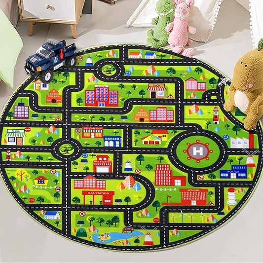Round Rug 4x4 ft Kids Round Play Carpet City Traffic Road Kids Rug Low Pile Non Slip Fun Carpet for Kids Baby Learning Exercise Mat Educational Car Rug for Toddler Boy Bedroom Playroom Black
