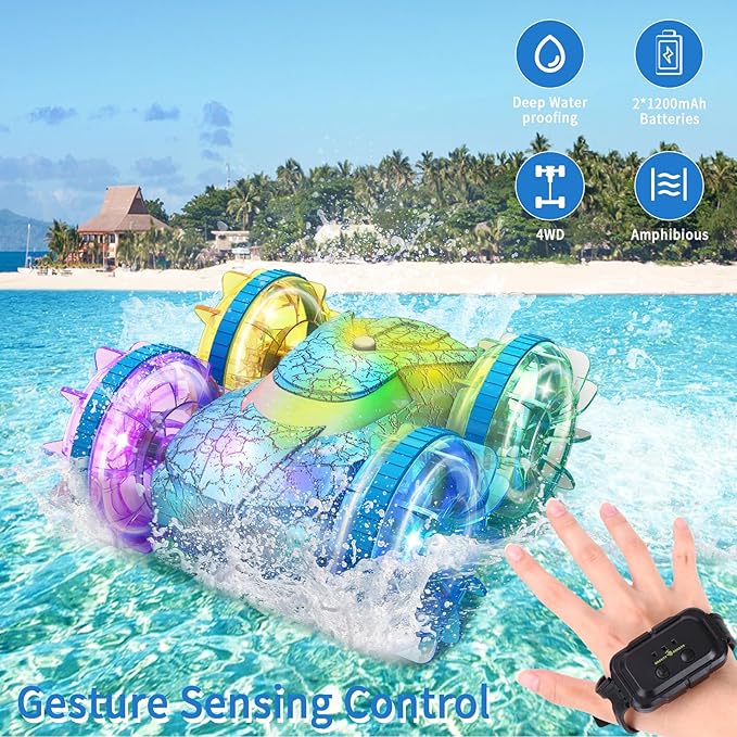 Amphibious Remote Control Car Boat,2.4Ghz 360° Rotation Gesture Sensing Stunt RC Cars,4WD Waterproof Rc Trucks,Water Beach Pool Toys for Kids Ages 6-12,Toys Gifts for Boys and Girls