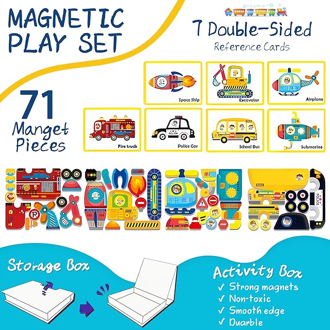 Magnetic Puzzles for Kids Ages 4-8 - 71 PC Educational Vehicle Magnetic Book, Dress-Up Game & Preschool Toddler Learning Activities, Travel-Friendly STEM Toy, Fridge Magnets for Toddlers Ages 1-3 3-12