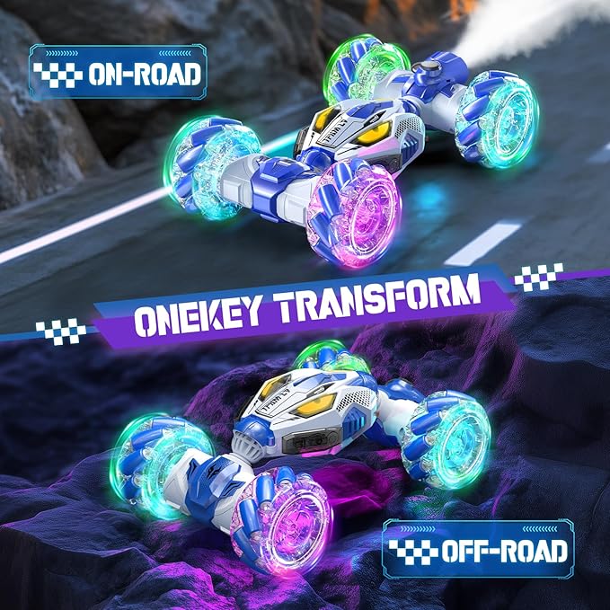 Gesture Sensing RC Stunt Cars - Toys for Boys Girls 6-12 | Best Gifts for Kids 6-12 Years Old | 4WD 360° Rotating Remote Control Transform Car | All-Terrain Off Road Vehicle with Lights Music Blue