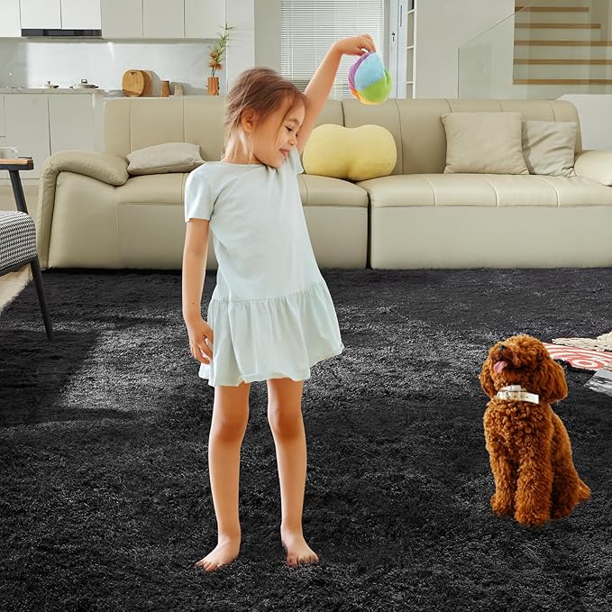 Ultra Soft Rug for Living Room, 6X9 Fluffy Shag Area Rug for Bedroom, Modern Shaggy Carpets Fuzzy Rug for Teens Dorm Nursery Home Decor Aesthetic, Upgrade Anti-Skid Durable, Black