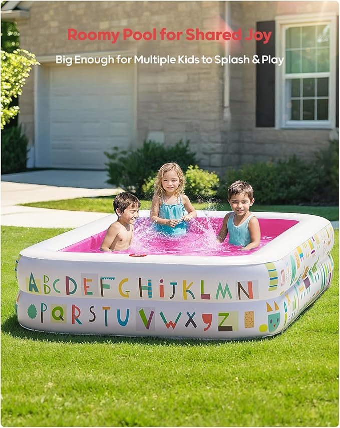 QPAU Kiddie Pool – 65" x 39" Inflatable Pool for Kids & Toddlers, Ball Pit & Baby Pool with Soft Floor, Educational Alphabet & Number, Durable Outdoor Play Toys for Backyard & Indoor Fun (Pink)