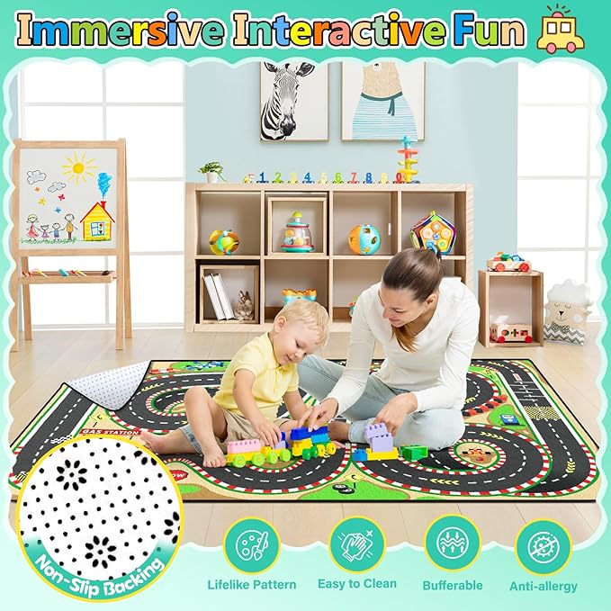 Kids Rug, Race Track Playmat Rugs, Realistic 3D Cascading Surround Route, 4x6 Ft Kids Rug for Playroom, Great for Playing with Cars and Toys, Non-Slip Car Carpet