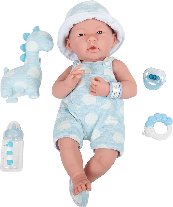 JC Toys La Newborn All-Vinyl-Anatomically Correct Real Boy 15" Baby Doll in Blue and Deluxe Accessories, Designed by Berenguer., Blue - Dots, Model:18064