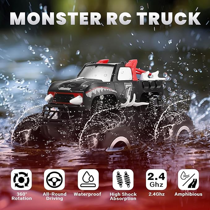Remote Control Car 1:16 All Terrain Remote Control Monster Truck 2.4Ghz Waterproof Off-Road RC Car 360° Rotation 4WD Amphibious RC Truck Kids Beach Pool Toys Birthday Gifts for Boys Girls Age 6 7 8-12