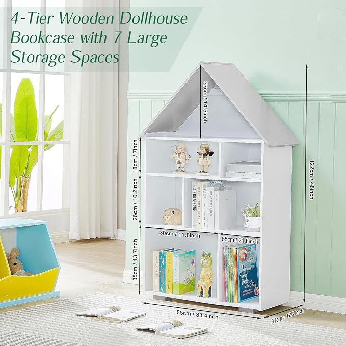 Wooden Dollhouse Bookshelf 4-Tier Children's Bookcase Display Storage Doll House Organizer Furniture for Kids Bedroom Playroom Nursery Kindergarten Gift for Girls Boys Ages 3-8 Years Old