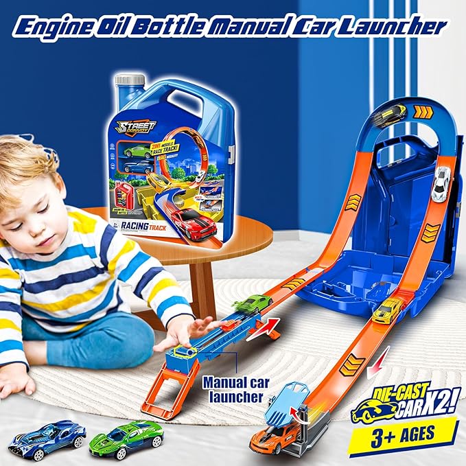 Race Track Toy Car Set with 2 Race Cars,2 in 1 Magic Tracks Style with Storage Box,Changeable Tracks Toys Birthday Gifts for Kids 3 4 5 6 7 8+Year Old Boys Girls (Blue)
