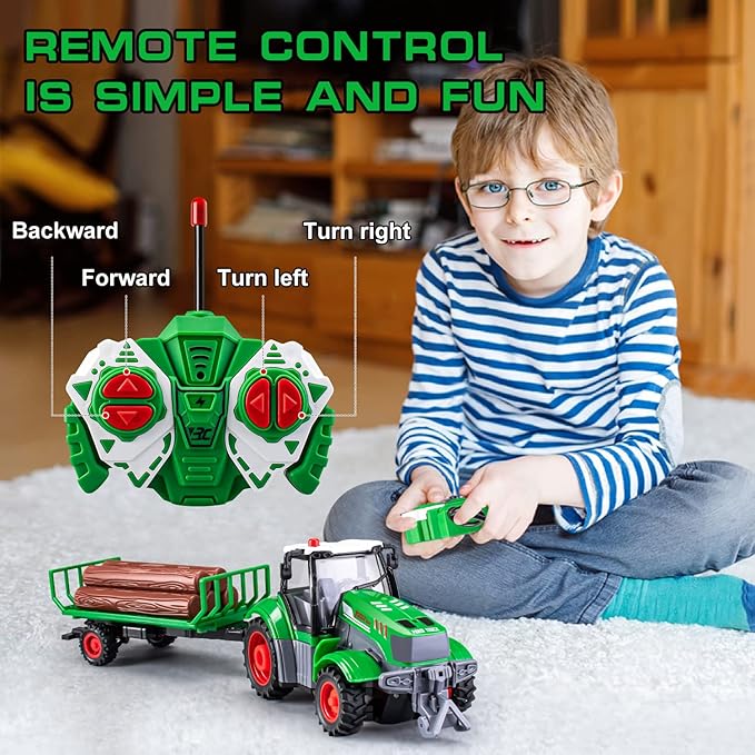 Gift for 5 Year Old boy Kids Remote Control Truck Toddler Farm Toys for Boys Age 4-7 Kids Remote Control Tractor for Boys 4-7 1/24 Scale Log Trailer