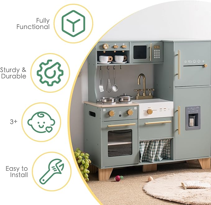 ROBOTIME Play Kitchen for Kids Toddlers, Wooden Pretend Play Kitchen Set Toy with with Fridge, Ice Maker, Coffee Maker, Toys Kitchen Gift for 3+ Year Old Kids, Girls & Boys