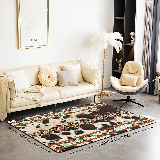 Erosebridal Cowhide Area Rug 5x6'6'', Brown Highland Cow Print Rug, Western Rug Exotic Aztec Carpet for Bedside, Farmhouse Wild Animals Longhorn Skin Cowboys Decorative Rug for Men