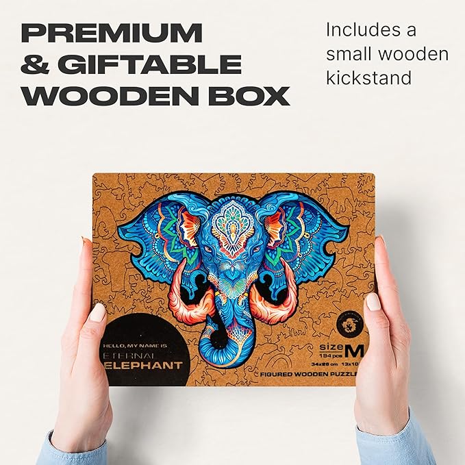 UNIDRAGON Original Wooden Jigsaw Puzzles - Eternal Elephant, 194 Pieces, Medium Size 13"x10", Beautiful Gift Package, Unique Shape Best Gift for Adults and Kids