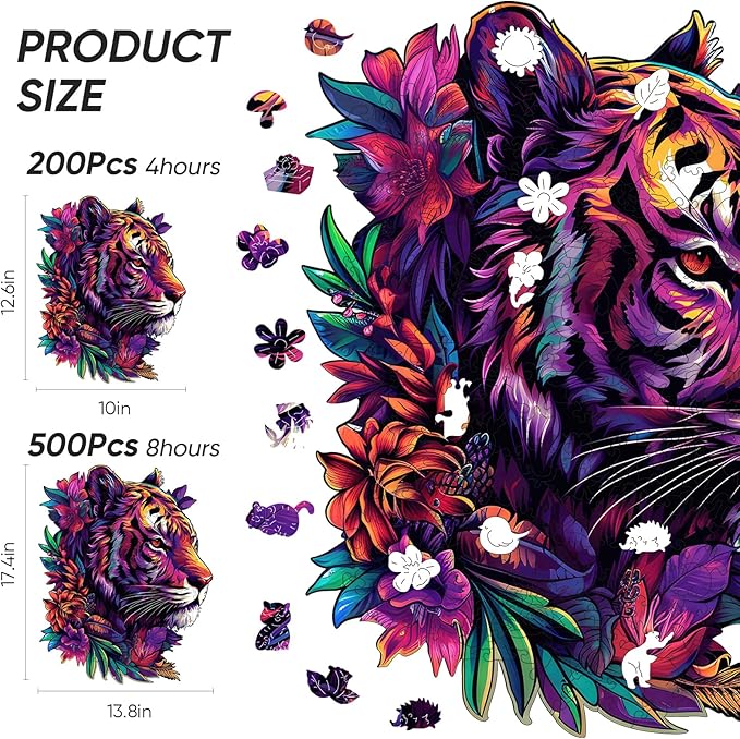 Original Wooden Jigsaw Puzzles-Tiger,200pcs,10x12.6in,Medium,Wooden Puzzles for Adults,Unique Shape Animal Adult Puzzles,Irregular Wood Puzzles Best Gift for Adults and Kids Family Game