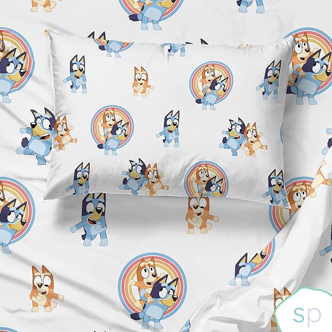 Saturday Park Bluey and Bingo Rainbow Clouds Full Sheet Set - 4 Piece 100% Organic Cotton Sheets with Pillow Cover - GOTS & Oeko-TEX Certified