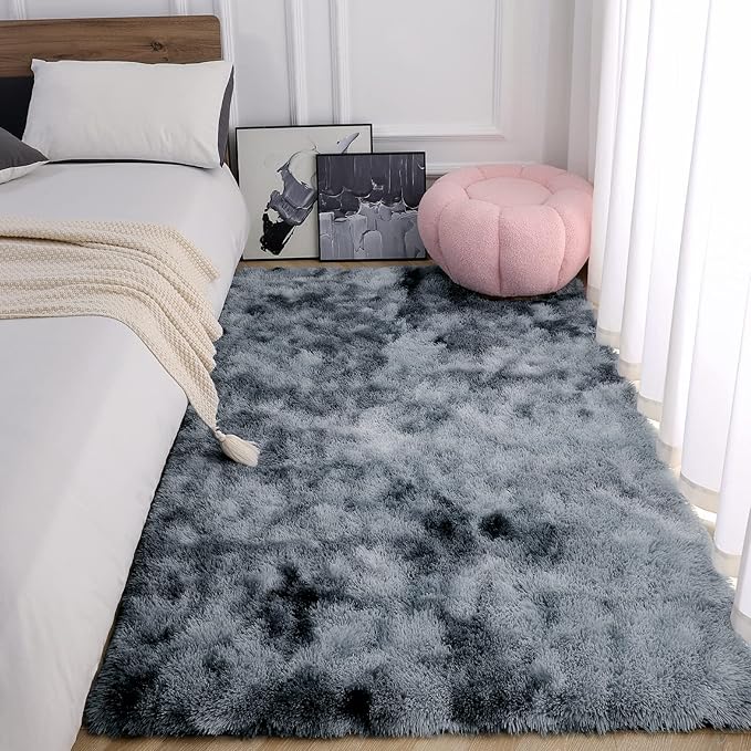 AROGAN Soft Rainbow Area Rugs for Girls Room, Fluffy Girls Bedroom Rugs, Princess Rug, Cute Colorful Carpet for Kids Teens Nursery Toddler (Blue-Grey, 4×6 Feet)