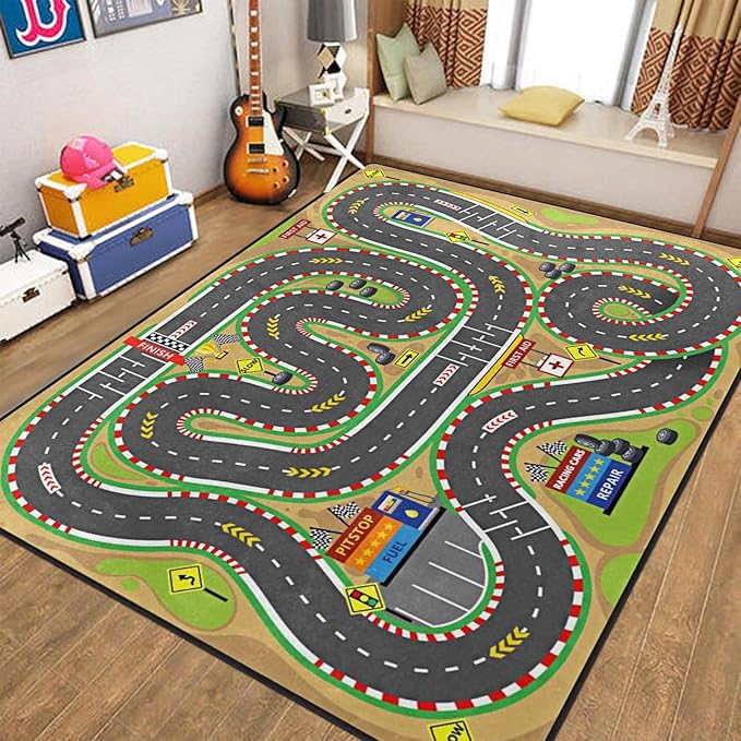 Kids Rug, Race Track Playmat Rugs - 5x7 Ft Kids Carpet with Rubber Backing, Start and Finish line Racing Track Marking Car or Karting Road Race 3D Play Mat Nursery Rugs for Children Bedroom Playroom