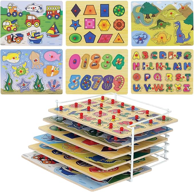 Etna Products Wooden Puzzles Set, Includes 6 Educational Puzzles and Wire Storage Rack - ABC, Numbers, Shapes, Vehicles and Animals - For Kids Age 3 Plus