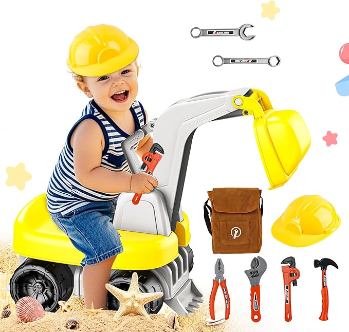BELLOCHIDDO Ride-On Excavator Toy with Safety Helmet & Tool Kit - Toddler Beach Toy Sand Play Set Kids Excavator, Pretend Construction Set with Tools, Outdoor Learning Toys for Boys Girls