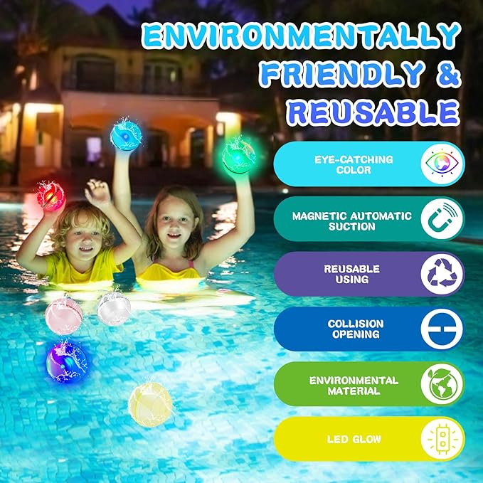6 Pcs Light Up Led Quick Fill Water Balloons Reusable for Toddler Boys and Girls Ages 3+, Summer Beach Pool Refillable Water Ball Toys Outside Activities, Sealing Magnetic Water Balls