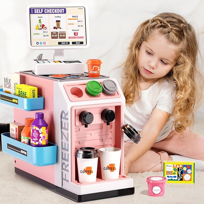 48-Piece Pretend Play Cash Register Toy Set for Kids with Water Outlet Function - Calculator, Shopping Bag, Scanners, Coffee Machine, Play Food - Gift for Boys and Girls Ages 3+（Pink）
