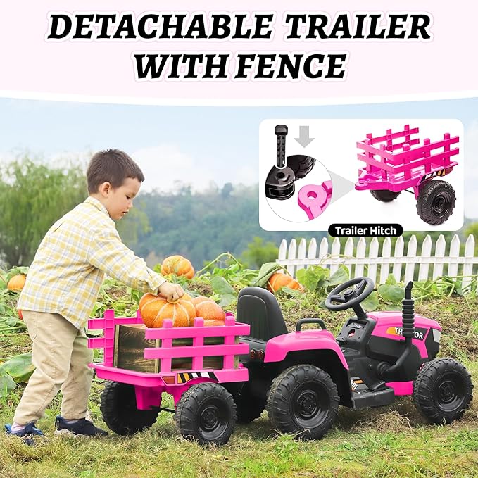 TOBBI Kids Electric Ride On Toy Tractor, 12v Battery-Powered 4 Wheels Ride On Car with Trailer, 35W Dual Motors/3-Gear-Shift/LED Lights/USB Audio Functions for Toddlers 3-6 Years-Rose Red