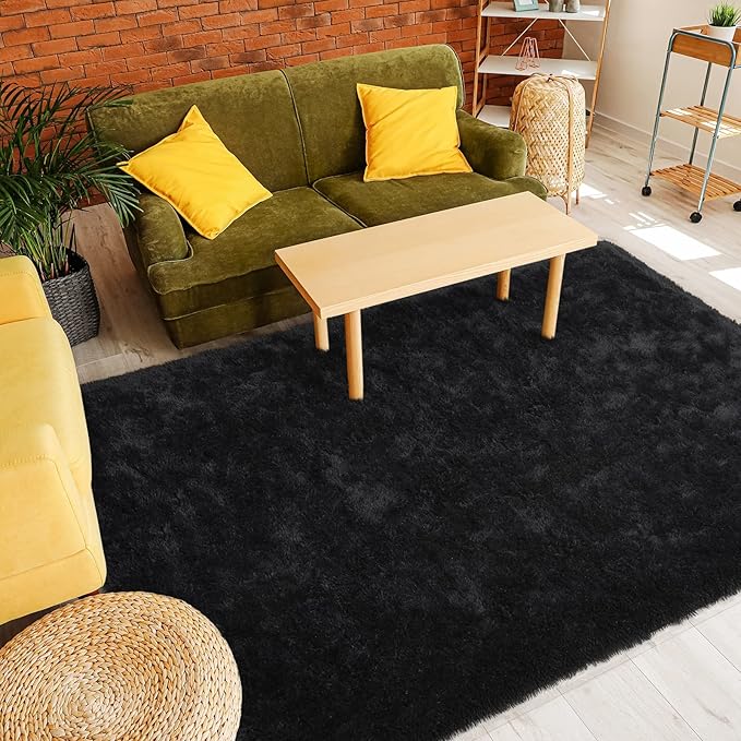 Amearea Premium Soft Area Rug 4x5.3 Feet, Black Rugs for Living Room, Fluffy Carpet for Bedroom Nursery Playroom Teen Home Decor, Comfortable Indoor Furry Dorm Carpets, Black