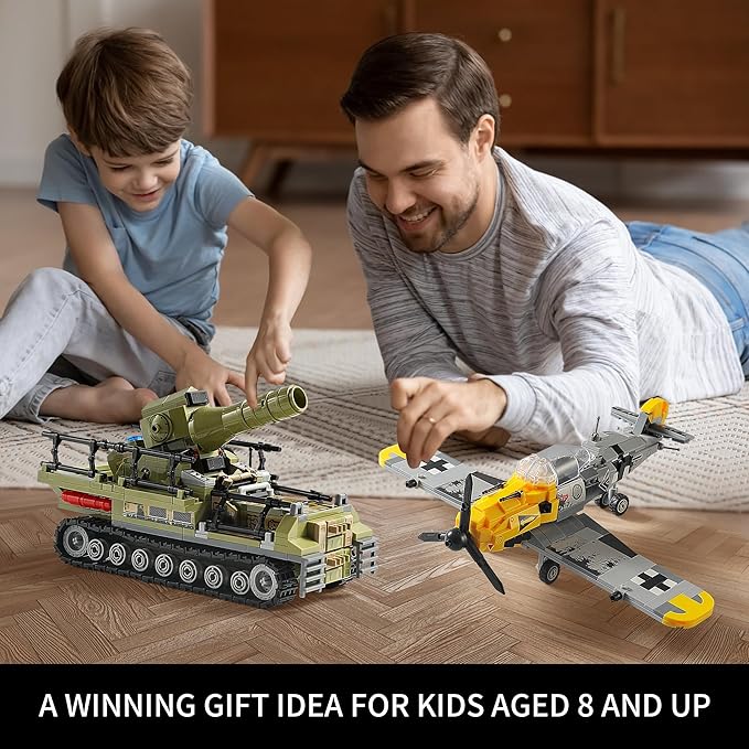 WW2 Military Toys Building Sets Compatible with Lego, Create a BF109 Plane Fighter Jet & a Karl Giant Mortar Tank, Great WWII Army Airplane Toy for Boys and Kids Age 8-12