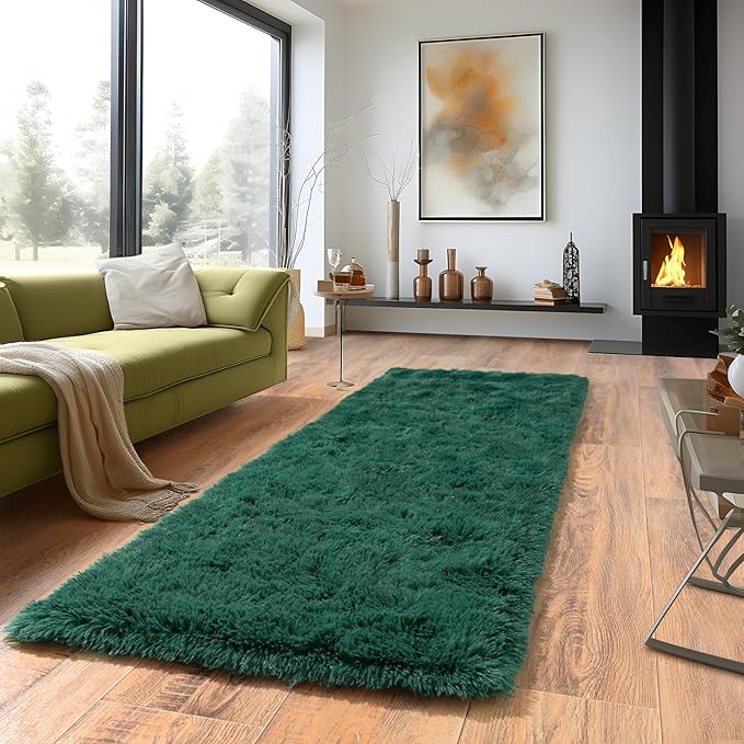 Super Fluffy Runner Rug for Bedroom, Modern Shag Green Area Rugs, Soft and Cozy Plush Small Carpet for Kids,Girls Boys and Teens Decorations for Living Room Dorm Nursery Classroom, 2x6 Feet