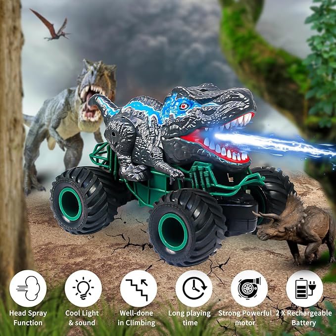 Dinosaur Remote Control Car, 2.4GHz RC Mega Monster Truck Toys for Toddlers, Dinosaur Toys with Light Sound Spray, Christmas and Birthday Gifts for 2 3 4 5 6 7 8-12 Kids Boys,All Terrain RC Cars
