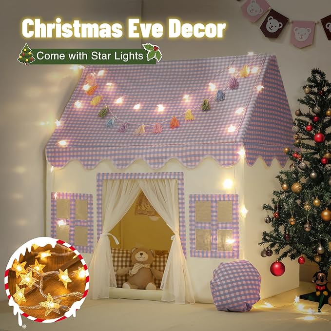 Kids Play Tent Indoor: Mat, Tassel Garland, Star Lights - Purple Checkered Girls Tent Playhouse for Toddlers Kids Toys for Boy Girl Birthday Gift