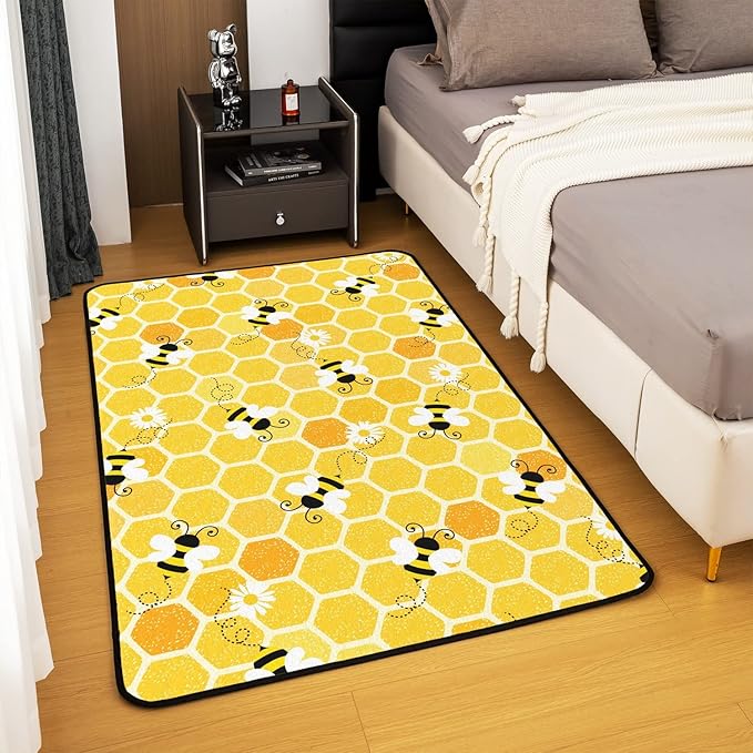 Erosebridal Honeycomb Area Rug 5x7, Bee Flowers Rug for Kids Child Girls, Flying Wildlife Geometry Carpet for Classroom, Hexagon Beehive Rustic Floral Simplistic Geometrical Washable Living Room Rugs