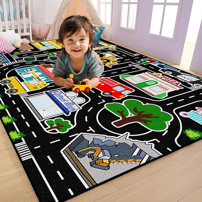 Kids Rug Play Mat - Large Car Track Rug Educational City Traffic Carpet Road Map Car Mat for Kids Toy Road Carpet for Bedroom Playroom Classroom 5x7 Feet