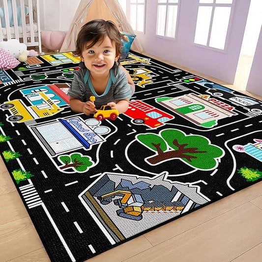 Kids Rug Play Mat - Large Car Track Rug Educational City Traffic Carpet Road Map Car Mat for Kids Toy Road Carpet for Bedroom Playroom Classroom 5x7 Feet