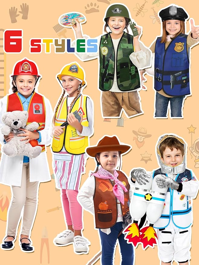 Hungdao 6 Sets Kids Boys Girls Dressing up Costumes, Toddler Dressing up and Pretend Play for Age 6-10 Dress up Firefighter, Construction Worker, Explorer, Astronaut, Cowboy, Policeman