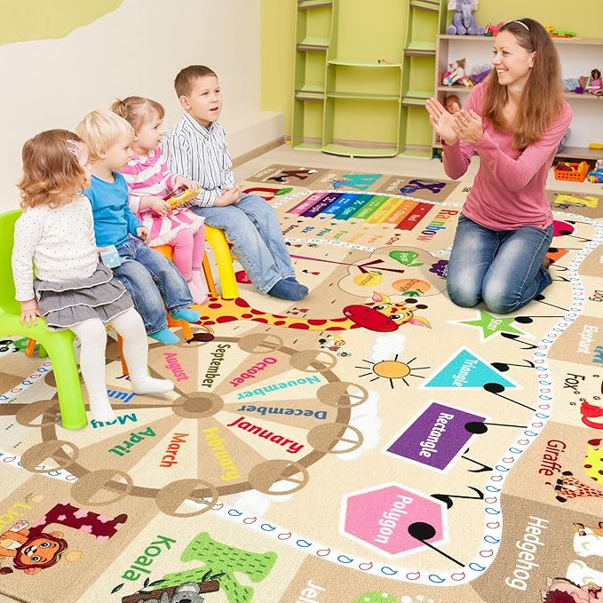 Kids Playroom Rug 4x6 Beige Rugs for Girls Bedroom Child Play Mat Educational and Fun Baby Care Rugs,Learning Rug with ABC Alphabets Animals Shapes No-Slip Carpets for Children Toddler Washable