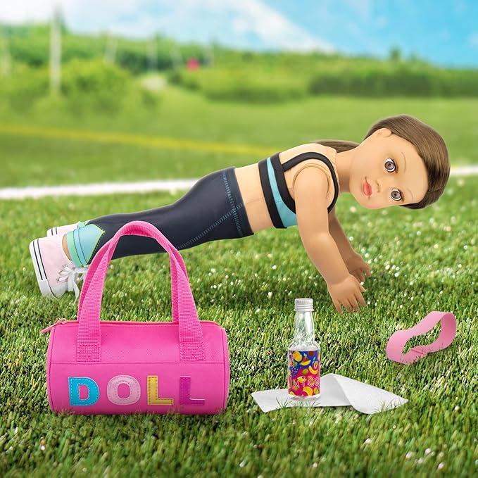 Ecore Fun 8 Piece 18 Inch Girl Doll Clothes and Accessories Set Include Yoga Sport Clothes Shoes Yoga Bands Towel Drink and Bag
