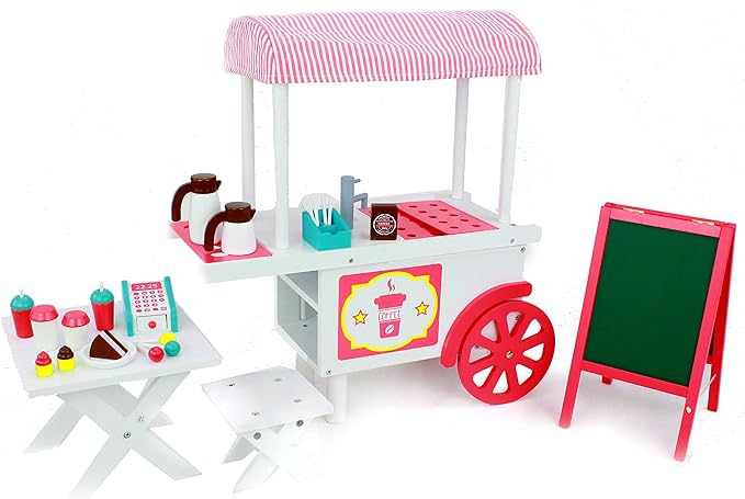 Playtime by Eimmie 18 Inch Doll Furniture Café Food Cart Set - Wooden Playset with Accessories, Fits American, Generation, My Life & Similar 14”-18” Dolls