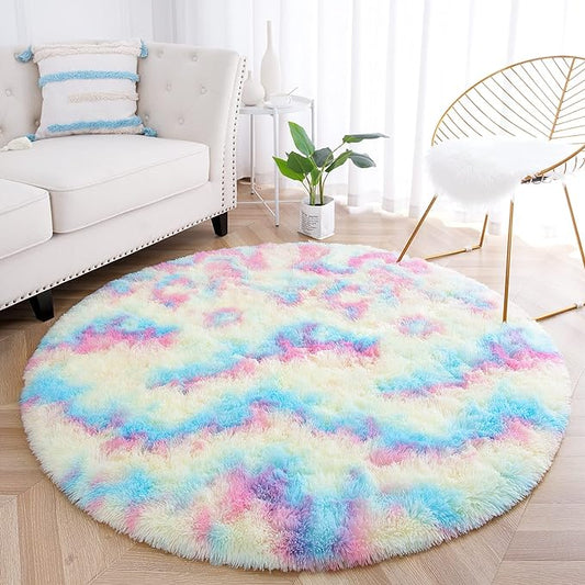junovo Soft Round Rainbow Area Rugs for Girls Room, Fluffy Colorful Circle Rugs for Kids Bedroom, Cute Circular Rug Princess Castle Plush Shaggy Carpet for Kids Teen Baby Room Nursery Home Decor, 5ft