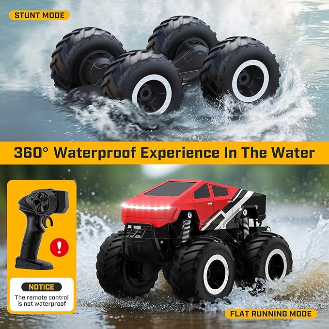 WayEee RC Car Kids Toys for Ages 6+, Remote Control Car Waterproof Monster Truck, Amphibious 4WD All Terrain Off-Road Pickup, 1:16 Scale, 2.4GHZ Vehicles, Boys Christmas Kids Birthday Gift/Red