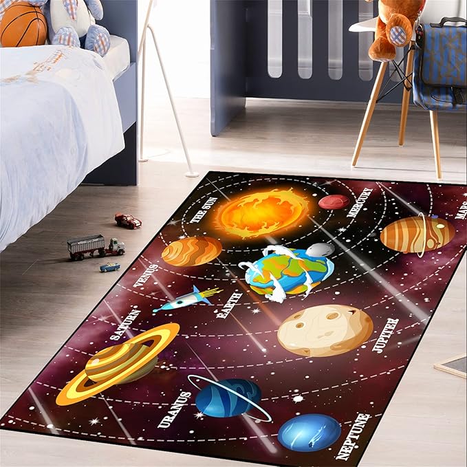 Universe Planet Area Rugs Outer Space Rugs for Boys Bedroom Educational Sofa Floor Mat Galaxy Solar System Theme Throw Rugs for Indoor Outdoor Carpets Crystal Polyester Mats Oversized, 4'5''×6'