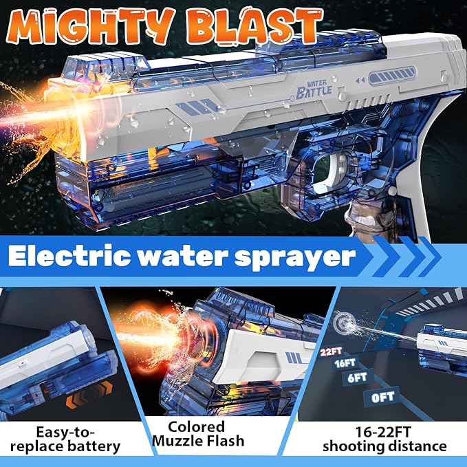 Skirfy Electric Water Gun with Realistic Gun Muzzle Flash for Kids Adults,High Powered Waterproof Water Pistol with High Capacity,Ideal Outdoor Swimming Pool Beach Toys-Blue