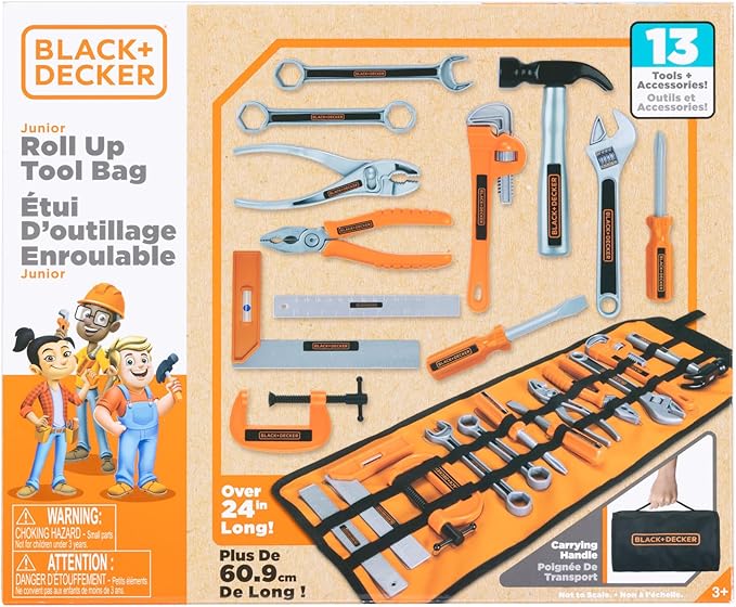 BLACK+DECKER Kids Tool Bag Set 13-Piece Junior Roll Up Bag Pretend Play Tools, Hammer, Phillips Screwdriver, Pliers, Adjustable Wrench & More! for Boys & Girls Ages 3+