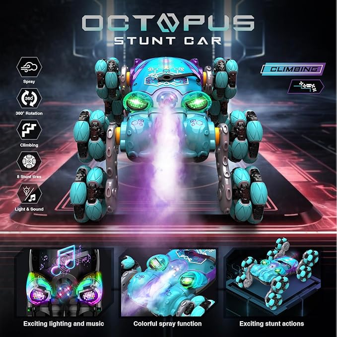 ATHLERIA 8WD Gesture Sensing Rc Stunt Car Toys for Boy Age 8-13,Octopus Remote Control Cars with Spray Lights,Racing Drift Car,Christmas Birthday Easter Gifts for Boys Girls Teens 8 Years and up