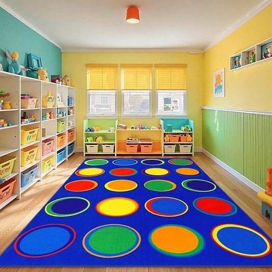 LIVEBOX Sitting Spots Kids Classroom Rug, Washable School Learning Area Rugs, Colorful Preschool Kids Classroom Carpet Non-Slip Playroom Mat for Daycare Learning, 6'x9'(Seats-20)