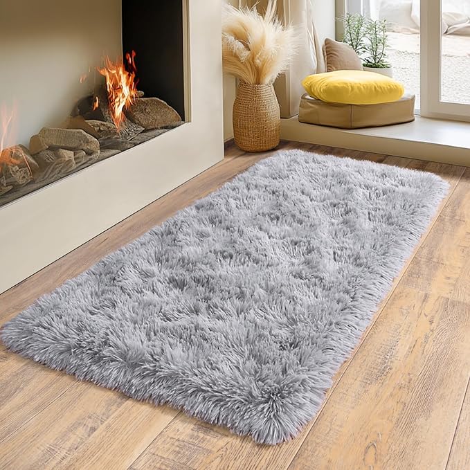 Super Fluffy Throw Rug for Bedroom, Modern Shag Grey Area Rugs, Soft and Cozy Plush Small Carpet for Kids,Girls Boys and Teens Decorations for Living Room Dorm Nursery Classroom, 2x4 Feet