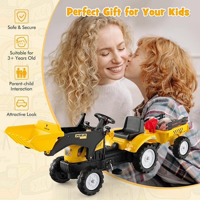 Olakids Kids Ride on Excavator, Pedal Digger Car Bulldozer with Manual Control Bucket, Detachable Cargo Trailer, Shovel, Rake, 6 Wheels, Horn, Construction Tractor for Toddlers 3+