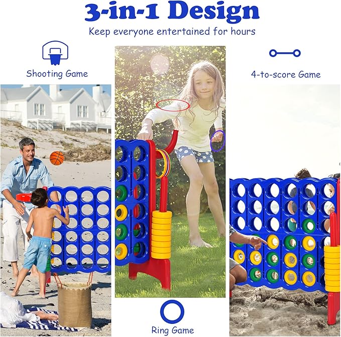Costzon Giant 4-in-A-Row, Jumbo 4-to-Score Giant Game w/Basketball Hoop, Ring Toss, Quick-Release Slider, 42 Jumbo Rings, Indoor Outdoor Family Connect Game for Kids & Adults, Backyard Games, Red