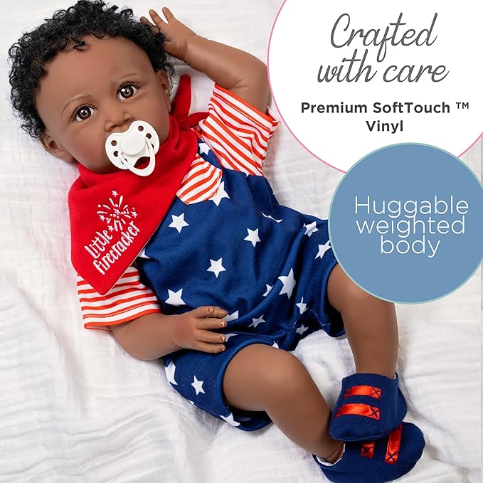 Paradise Galleries 21 Inch African American Realistic Reborn Toddler Boy Doll with Star-Spangled Outfit and Accessories – Little Firecracker