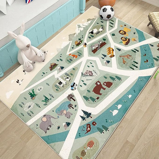 Kids Rug Play Mat 5Ft Zoo Animal Bedroom Carpet Forest Animal Playroom Rug for Boys Girls Adventure Playmat Children Area Rug Nonslip Fluffy Area Rug for Kids Room Nursery Decor 3.3'x5', Green