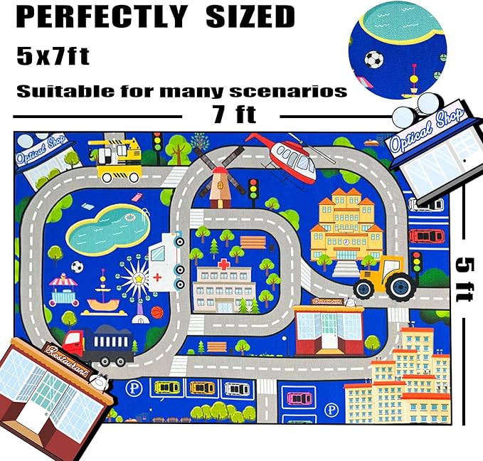 Car Rugs for Kids Toy Cars - Kids Carpet for Playroom Car Track Rug City Life Road Rug for Playroom Living Room Bedroom Classroom Decor, Blue, 2'5''×4'